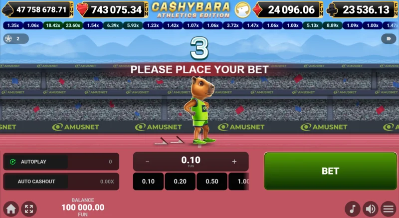 Cashybara Athletics Edition - glavni zaslon utrke s brojačem koeficijenata